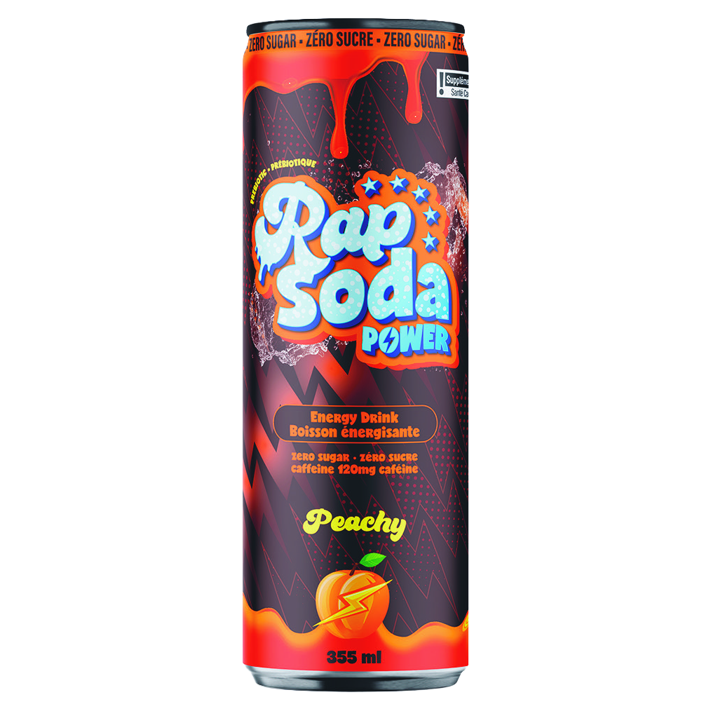 Rap power peachy — canette officielle 355 ml sur fond transparent