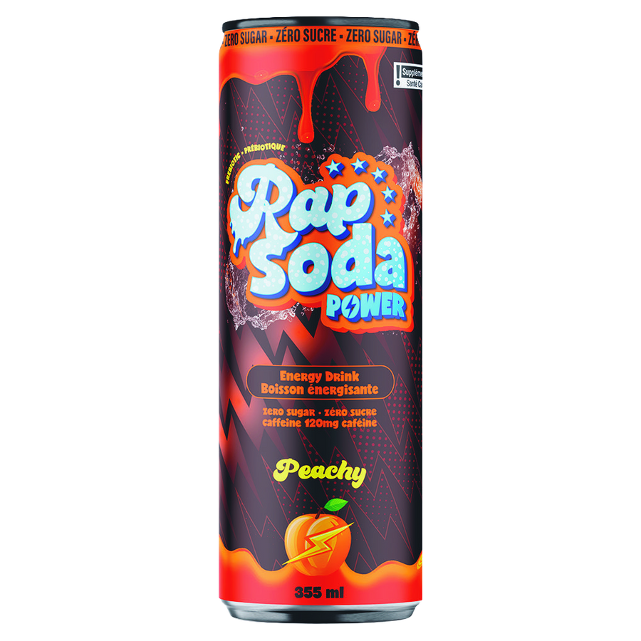 Rap power peachy — canette officielle 355 ml sur fond transparent