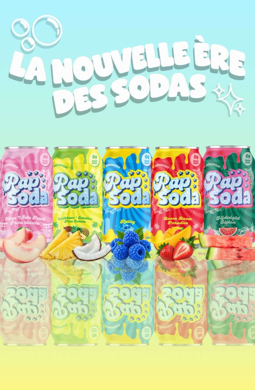 La nouvelle ère des sodas. Cinq canettes Rap Soda avec fruits et reflets, sur fond turquoise et jaune.