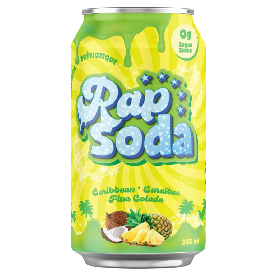Rap soda pina colada — canette officielle 355 ml sur fond transparent