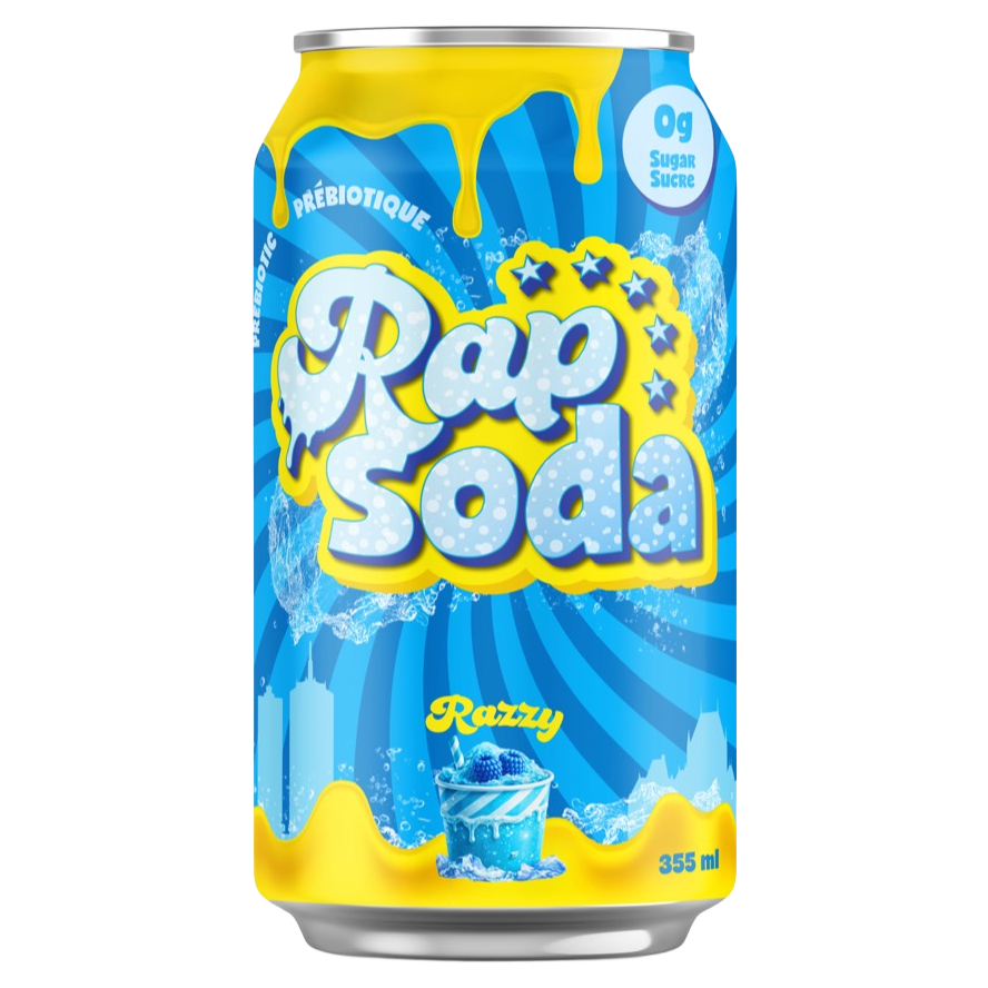 Rap soda razzy — canette officielle 355 ml sur fond transparent