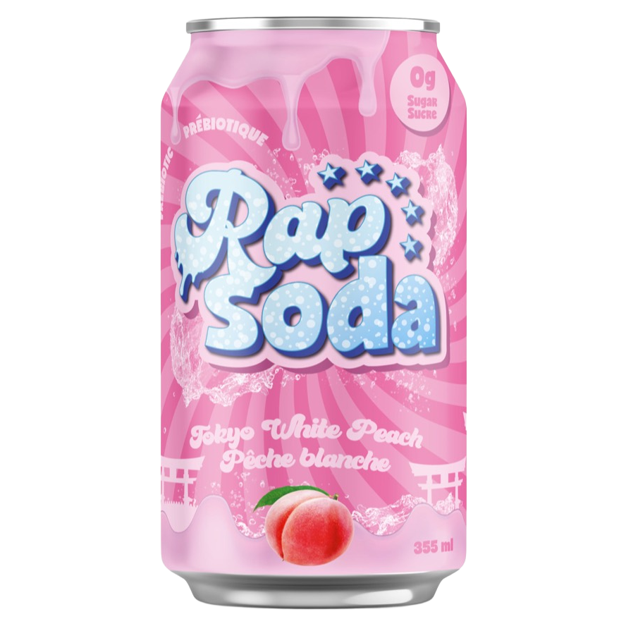 Rap soda tokyo white peach — canette officielle 355 ml sur fond transparent