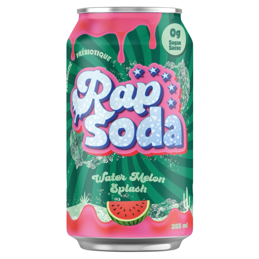 Rap soda water melon splash — canette officielle 355 ml sur fond transparent